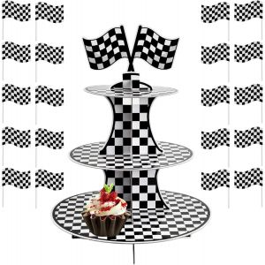 Présentoir À Cupcakes De Course À 3 Étages Avec 5 Pièces De Drapeau De Course À Carreaux,Voiture De Course,Fournitures De Fête,Pour Anniversaire,Fête,Gâteau,Petits Pains,Gâteaux - Neuf