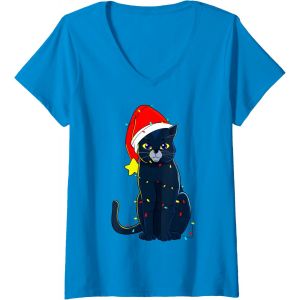 Femme Chat Noir Arbre De No&euml;l Lumi&egrave;res Vacances Chats Amant Cadeau T-Shirt Avec Col En V - Neuf