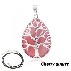 Pendentif Arbre De Vie En Pierre De 7 Chakras, Colliers En Forme De Goutte D'eau Naturelle, Cristal Rose, Quartz Rose, Am&eacute;thyste, Lapis Lazuli, ?il De Tigre, Cadeaux-5.5-6mm-Cherry Quartz - Neuf