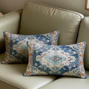 Cauc-Housse De Coussin R&eacute;tro 30x50cm Bleu Boho Lot De 2 Housse Coussin Automne Abstrait Housses Coussins Velours Taie Oreiller Boheme D&eacute;coratif Pour Chambre &Agrave; Coucher, Salon, Canap&eacute;, Maison - Neuf