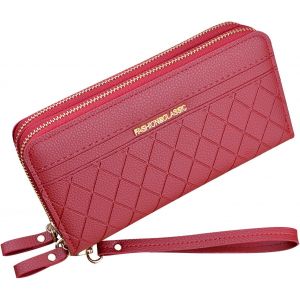 CAUC-Portefeuille pour Femme avec Double Fermeture &eacute;clair Portefeuille Portefeuille en Cuir PU pour Femme Portefeuille &agrave; Longue Pochette Grande Capacit&eacute; Portefeuille Bracelet (Rouge1) - Neuf