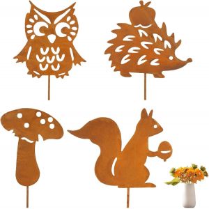 Mevronisshop-Lot De 4 D&eacute;corations D'automne En M&eacute;tal Avec H&eacute;risson, Chouette, Champignon, &Eacute;cureuil, D&eacute;coration De Jardin, Pot De Fleurs, Terrasse, Cadeau De R&eacute;colte - Neuf