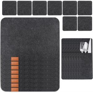 Eryi-Lot De 24 Set De Table Lavable Avec 8 Sets De Table, 8 Dessous De Verre, 8 Sacs À Couverts, Antidérapant Et Anti-Taches Tables Cuisine Et Salle À Manger (Gris Foncé, Carré) - Neuf