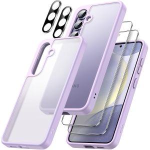 5 En 1 Mat Coque Pour Samsung Galaxy S24+ / S24 Plus 5g Avec Lot De 2 Protection D'écran Et Protecteur D'objectif De Caméra, Housse Étui Dos Translucide, Film En Verre Trempé (Lilas) - Neuf