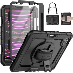 NAERYUT-Coque Pour Ipad Pro 11 Pouces 2022/2021/2020/2018 (4E/3E/2E/1E Génération),Coque Antichoc Pour Ipad Pro 11 Avec Protection D'Écran,Dragonne/Support Pivotant À 360°,Bandoulière,Noir - Neuf