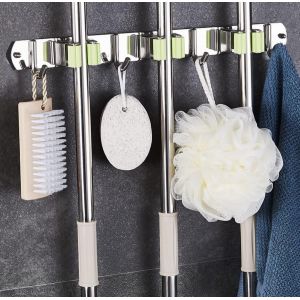 CMWX-Porte Balais Mural Sans Percage, Support mural pour balai &agrave; franges avec 3 supports et 4 crochets pour la maison, la cuisine, la salle de bain, le jardin, le garage (vert) - Neuf