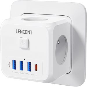 JGD-Multiprise, 7 en 1 Murale Prise avec Multiple Secteur USB, Cube Chargeur avec 3 Sorties AC 4000W, Interrupteur, Idéal pour Salon, Bureau, Chambre (1 Type C et 3 USB A) - Neuf