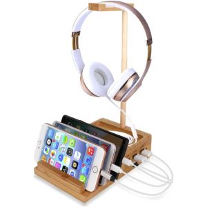 JGD-Support universel en bois pour casque de jeu (amovible) avec support de c&acirc;ble, 3 ports USB (avec interrupteur d'alimentation et cordon d'alimentation de 1,5 m) - Neuf