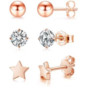 Kal-Lot De 3 Paires De Boucles D'oreilles En Argent 925 - 4 Mm - Hypoallerg&eacute;niques - &Eacute;toile Ronde - Zircon Cubique - Dormir - Avec Bo&icirc;te Cadeau - Neuf