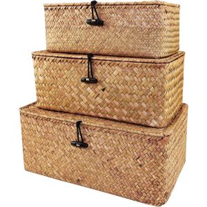 Panier de rangement en rotin tressé avec couvercle, boîte de rangement avec couvercle, jonc de mer naturel, panier à linge, organisateur de maquillage pour salle de bain, salon, cuisine - Neuf