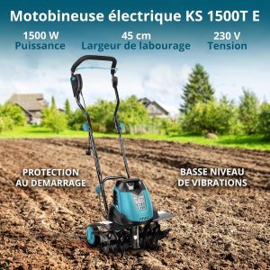 SUBZONAL-Könner & Söhnen KS 1500 T E Motobineuse électrique, Fraises en Acier 23 cm, Largeur de Travail 40 cm, Profondeur 23 cm, 1500 W, 230 V, Motoculteur pour Jardin, Plates-Bandes, terrains réside - Neuf