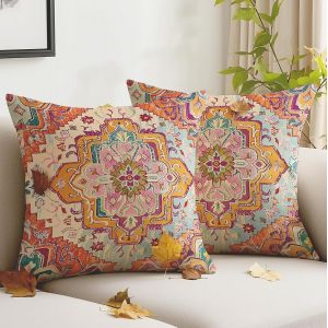 CAUC-Lot de 2 Housses de Coussin Boh&egrave;me 50x50 cm Style Vintage Rose Exotique en Velours D&eacute;coratives Abstraites pour Jardin Canap&eacute; Bureau Salon Lit - Neuf