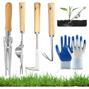 KALANKA-Herramientas de Jardiner&iacute;a Lot de 5 pi&egrave;ces contenant 4 Outil De D&eacute;sherbage Manuel Professional Acier Inoxydable Manche en Bois,, 1 Gant en Nylon, pour le D&eacute;sherbage et le D&eacute;sherbage du Jardin - Neuf