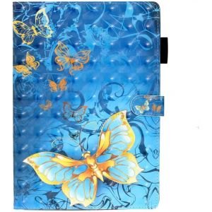 Coque Cuir PU Housse Compatible pour Samsung Galaxy Tab A 8 2019 T290/T295 Bleu avec Papillon Or Motif Lirves Portefeuille Fille Etui Flip Clapet Portable Antichoc 360 Housse de Protection - Neuf