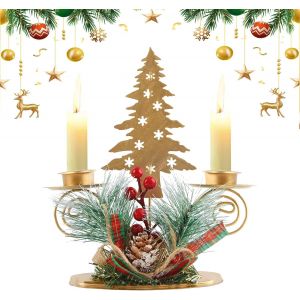 KALANKA-Bougeoirs de Noël en Métal Avec Elk, Arbre, Pommes de Pin et Baies Rouges - Candélabres Décoration Centre de Table pour Fête, Maison, Cheminée, Dîner, Avent (SD) - Neuf