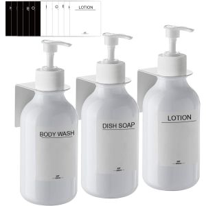 BHHBB-3 Pièces Distributeur Savon Mural, Distributeur de Savon 500ml avec Étiquettes No Perçage pour Cuisine et Salle de Bain -Blanc Pur - Neuf