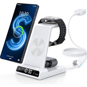 JGD-Chargeur Induction Fil pour Samsung Galaxy S24 Ultra/S25, Chargeur sans Fil avec Horloge num&eacute;rique pour Samsung Galaxy Watch 8/7, Wireless Charger pour Galaxy S23, Fold 7/Flip 4, Active 2 (Blanc) - Neuf