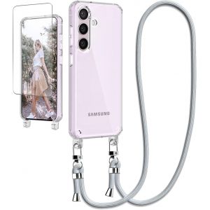 KAL-Chaîne De Téléphone Portable Pour Samsung Galaxy S24 - Avec Dragonne Et Film De Protection - Transparente Avec Cordon De Suspension - Collier - Housse De Protection Pour Galaxy S24 - Gris - Neuf