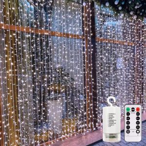 Jgd-Rideau Lumineux &Agrave; Piles, 3 M X 3 M, 300 Led Avec Minuteur &Agrave; Distance, 8 Modes, Lumi&egrave;res Suspendues Pour F&ecirc;te De Mariage, Maison, Jardin, D&eacute;coration Murale (Blanc Froid) - Neuf