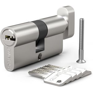 TRAHOO-1 Pcs 45T/55 mm Euro Cylindre en laiton, 100mm Thumbturn/Key Barrel Lock avec 5 clés horizontales en laiton,anti-crochetage, anti-perçage, anti-claquement, anti-choc,nickel satiné - Neuf