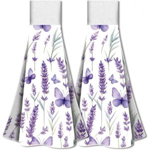 Eryi-2 Torchon De Cuisine À Lavande Avec Boucle De Suspension, Serviette De Cuisine De Fleur De Lavande Torchon À Vaisselle Serviettes Douces Et Absorbantes À Suspendre Pour Cuisine Salle De Bain - Neuf