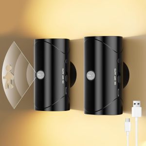Eryi-Lot De 2 Veilleuses Magnétiques Avec Détecteur De Mouvement, Luminosité Réglable, Blanc Chaud 3000 K, Led, Économe En Énergie, Polyvalentes, Pour Chambre À Coucher, Cuisine, Couloir (Noir) - Neuf