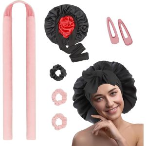 Fer À Boucler Sans Chaleur Avec Bonnet En Satin, Boucles Sans Chaleur Pendant La Nuit, Ensemble De Tiges À Friser Sans Chaleur Pour Dormir (Pink&black, One Size) - Neuf