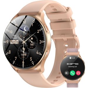 Montre Connectée Femme Homme, Écran à AMOLED Allumé, Toujours à L'Écran, 2 Bracelets,100 Modes de Sport, Appel Bluetooth, Assistant Vocal, pour Android/iOS(Doré) - Neuf