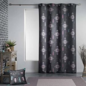 Rideau &Agrave; ?illets - Plumes - Ete Indien - Anthracite - 140x260 Cm - 100% Polyester - Neuf