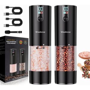 Lot de 2 moulins &agrave; sel et poivre &eacute;lectriques avec broyeur en c&eacute;ramique r&eacute;glable de grossier &agrave; fin I Design automatique rechargeable (Noir) - Neuf
