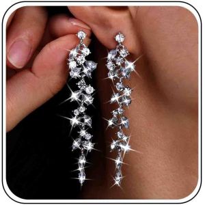 Boucles D'oreilles Longues En Strass Boucles D'oreilles Feuille Argent Cz Boucles D'oreilles Pendantes En Strass Boucles D'oreilles Chandelier Boucles D'oreilles Mariage En Cristal Boucles - Neuf