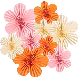 TRAHOO-Ensemble de 9 éventails en forme de fleurs avec un mélange de couleurs orange et rose - Accessoires élégants pour se rafraîchir avec style - Neuf