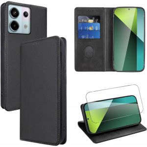 Kal-Coque Cuir Pour Xiaomi Redmi Note 13 Pro 5g/Poco X6 5g 6.67"" Avec 1 Verre Trempé Etui À Rabat En Pu Porte-Cartes Portefeuille Support Flip Housse Magnétique Antichoc Anti-Rayures Case,Noir - Neuf