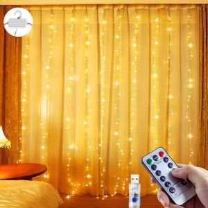 KAL-Guirlande Lumineuse Rideau,3X3M 300Led, 8 Modes Dimmable Minuterie Avec Télécommande, Ip65 Étanche Usb Rideau Lumineux,Blanc Chaud, Pour Intérieure Extérieure,Noël Anniversaire Chambre Patio - Neuf