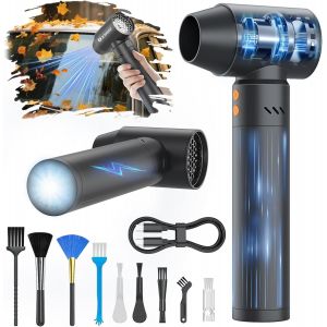 XJUGEZ Souffleur Air Comprim&eacute;, 180000 TR/Min Mini Souffleur D&eacute;poussi&eacute;reur &Eacute;lectrique Vitesse du Vent de Niveau 4（21000mAh）avec 25W T&ecirc;te de Chargement & Lampe de Poche pour Camping &Eacute;xt&eacute;rieur-Noir - Neuf