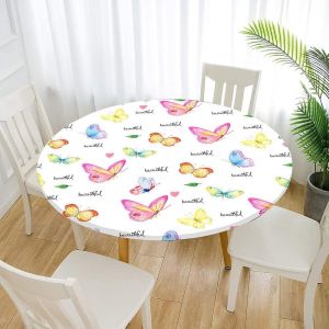 Sjzg-Nappe Ronde Anti Taches, Imprim&eacute; Papillon Nappe De Table Avec Bord &Eacute;lastique Ajust&eacute;e, Imperm&eacute;able Polyester Couverture De Table De Pour Cuisine Jardin F&ecirc;te (Rose,Diam&egrave;tre 130cm) - Neuf