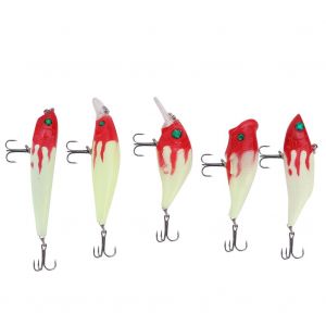 Lot De 5 Leurres Lumineux A Tete Rouge Et Corps Blanc Pour Poissons, Boite De Rangement Pour Materiel De Peche - Neuf