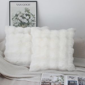 CAUC-Lot de 2 housses de coussin en fausse fourrure &eacute;paisse et moelleuse pour chambre &agrave; coucher, canap&eacute; - 45 x 45 cm - Blanc cr&egrave;me - Neuf