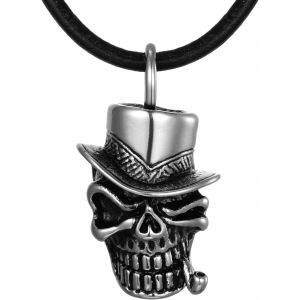 Kal-Collier Homme Cuir 50 Cm Pendentif T&ecirc;te De Mort Cr&acirc;ne Acier Inoxydable Dans Petit Sac &Agrave; Bijou - Neuf