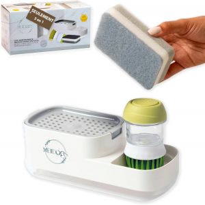 KAL-Porte Savon Cuisine 3 En 1 Avec Brosse À Vaisselle, Pousse Pousse Savon, Porte Liquide Vaisselle Cuisine, Soap Dispenser. Porte Liquide Vaisselle Cuisine. Distributeur De Savon Cuisine. - Neuf