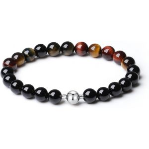 Kal-Bracelet Original Fait Main 8mm Pierre Naturelle Onyx Perles Hommes Extensible Noir Cristaux De Guérison 18k Platine Sphère - Neuf