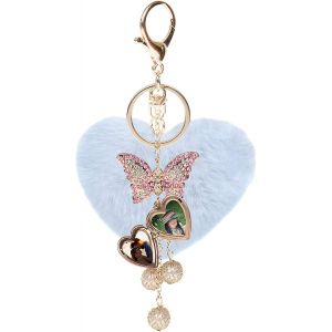 KAL-Porte-Clé À Pompon En Peluche Personnalisé Coeur Porte-Clef Pendentif Avec Papillon Cristal Pour Anniversaire Noël Fêtes Des Mères - Neuf