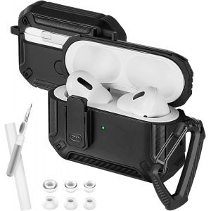 LORANKA-Coque AirPods Pro 2e/1&egrave;re g&eacute;n&eacute;ration verrouillable, protection antichoc stylo nettoyage bouchons oreilles remplacement, &eacute;tui mousqueton - Neuf