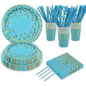 Lot De 80 Pièces De Vaisselle De Fête D'anniversaire-Bleu À Pois Dorés-Décoration De Lave-Vaisselle-Assiettes De Serviettes En Papier-Paille Pour Filles Et Femmes-Décoration D'anniversaire - Neuf