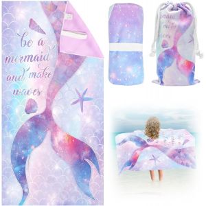 Kal-Serviette De Plage Sirène 75 X 150 Cm Pour Fille - Séchage Rapide - Avec Poche - Serviette De Bain En Microfibre Ultra Absorbante - Pour Plage, Voyage, Natation (3) - Neuf