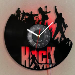 FCHHK-Disque Vinyle Pendules Murales 30 cm de Diamètre Guitare Basse Groupe de Rock Horloge Digitale LED Moderne Horloge Cuisine Salon Lumineuse Silencieuse sans Tic-tac Murale Décorative. - Neuf