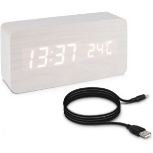 R&eacute;veil Bois LED-Horloge Digitale Aspect Bois-R&eacute;veil Matin Tactile avec Fonction Date Heure Temp&eacute;rature-Rectangle Blanc et LED Blanc - Neuf