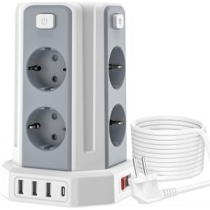 Multiprise avec Interrupteur, Tour Multiprise 8 Prises et 4 USB, Multiprise USB Parafoudre et 4 Interrupteurs Rallonge Electrique 5M C&acirc;ble la Maison et au Bureau - Neuf
