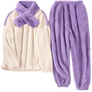 Pyjama Femme Hiver Pilou Ensembles De Pyjama Polaire,Vêtements De Nuit Deux Pièces Chemise De Nuit,Flanelle Sleepwear Avec Écharpe Cadeau Noël - Neuf