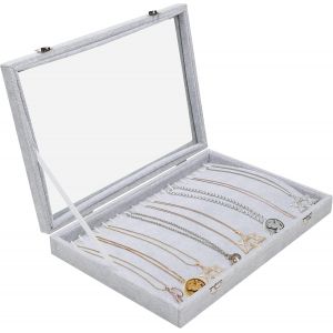 Boite A Collier En Velours Gris Avec 20 Encoches Et Couvercle En Verre À Loquet - Plateau Bijoux Empilable Pour Tiroir - Pour Collier, Bracelets, Boucles Doreilles Et Chaînes De Cheville - Neuf